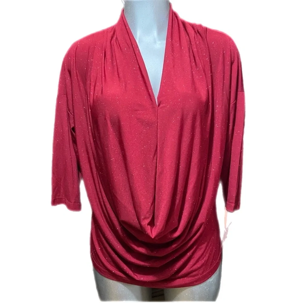 Ellen Tracy Red Draped Blouse Top V Neckline Sequined 3/4 Sleeve Lagenlook Party